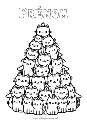 Coloriage gratuit Chat Sapin de Noël Kawaii Animal Chiens et chats Sapin