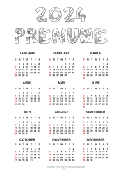 Pagină de colorat gratuită 2024 Calendare și planificatoare