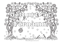 Färgläggningssida att anpassa Snö Vinter Fågel Julgranskula Gott nytt år Snöflingor Träd Zentangle Fåglar och flygande däggdjur Meddelande 