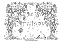 Colorear para personalizar Nieve Invierno Pájaro Bolas de Navidad Feliz año Copos de nieve Árbol Zentangle Aves y mamíferos voladores Mensaje 