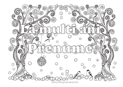 Pagină de colorat personalizată Zăpadă Iarna Pasăre Bola de Crăciun La mulți ani! Fulgi de zăpadă Copac Zentangle Păsări și mamifere zburătoare Mesaj 