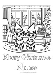 Colouring to customise Christmas Elves Elf Colouring Pages "Merry Christmas" Message