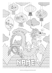 Free colouring Dragon Chinese New Year Chinese lantern Complex colouring pages Zentangle Dragons, unicorns, and fantastical creatures