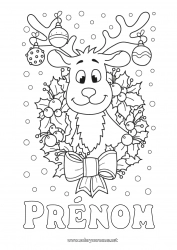 Coloriage gratuit Renne Boule de Noël Décorations de Noël Couronne de Noël Houx Animaux de la forêt Cerf