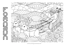 Farvelægningssiden tilpasning Julemanden Rensdyr Slæde Komplekse farvelægninger Zentangle Skovens dyr