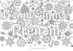 Coloriage gratuit Fête Boule de Noël Décorations de Noël Bonne année Flocons de neige Nom décoré Étoiles Coloriages complexes Message 