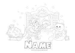 Free colouring Father Christmas Snowman Sledge Christmas Hood