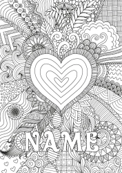 Colouring to customise Heart Happy Birthday I Love You. Big Heart Complex Colouring Pages Zentangle
