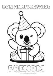 Dessin gratuit Mignon Cadeaux Anniversaire Kawaii Fête Animal Koala Chapeau Coloriages faciles Autres animaux du monde