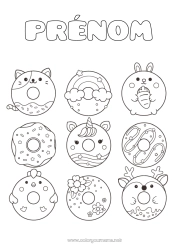 Coloriage à personnaliser Chat Kawaii Licorne Lapin Animal Arc en ciel Donuts Gourmandises, sucreries Chiens et chats Dragons, licornes et animaux fantastiques Animaux de la forêt Cerf