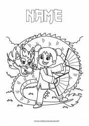 Free coloring Girl Dragon Chinese New Year Kimono Dragons, unicorns and fantastic animals