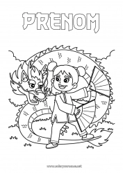 Coloriage gratuit Fille Dragon Nouvel An chinois Kimono Dragons, licornes et animaux fantastiques