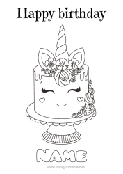 Free colouring Cake Birthday Cute Unicorn Animal Happy birthday message Dragons, unicorns, and fantastical creatures