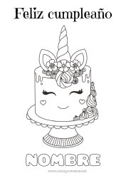 Colorear gratis Tarta Cumpleaños Kawaii Unicornio Animales Mensaje de feliz cumpleaños (inglés) Dragones, unicornios y animales fantásticos