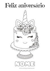 Desenho para personalizar Bolo Aniversário Kawaii Unicórnio Animal Feliz aniversário (francês) Mensagem Dragões, unicórnios e animais fantásticos