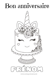 Coloriage gratuit Gâteau Anniversaire Kawaii Licorne Animal Joyeux anniversaire (français) Message Dragons, licornes et animaux fantastiques