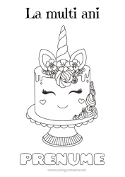 Desen liber de colorat Tort Aniversare Drăguț Unicornă Animal La mulți ani! Dragoni, unicorni și animale fantastice