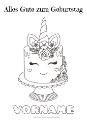 Malvorlage anpassen Kuchen Geburtstag Kawaii Einhorn Tier Alles Gute zum Geburtstag (Französisch) Nachricht Drachen, Einhörner und fantastische Tiere