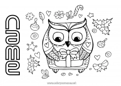 Free coloring Winter Gifts Christmas Owl Flying birds and mammals