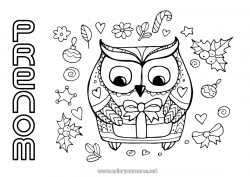 Coloriage gratuit Hiver Cadeaux Noël Chouette, Hibou Oiseaux et mammifères volants