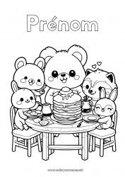 Coloriage gratuit Ours Kawaii Renard Lapin Animal Chandeleur Crêpes Animaux de la forêt