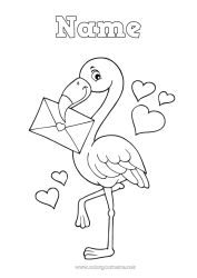 Coloring to customize Heart Envelope Pink flamingo Flying birds and mammals