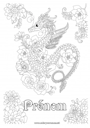 Coloriage gratuit Fleurs Dragon Animal Coloriages complexes Dragons, licornes et animaux fantastiques