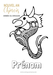 Coloriage gratuit Mandala Dragon Bonne année Nouvel An chinois Zentangle Dragons, licornes et animaux fantastiques