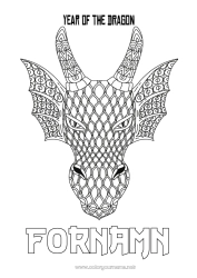 Gratis färgläggning Drake Gott nytt år Djur Kinesiskt nyår Zentangle Drakar, enhörningar och fantastiska djur