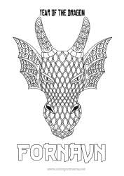Farvelægningssiden tilpasning Drage Godt nytår Dyr Kinesisk nytår Zentangle Drager, enhornede heste og fantastiske dyr