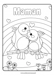 Coloriage enfant Coeur Maman Oiseau Arc en ciel Oiseaux et mammifères volants Couple