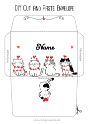 Free colouring Heart Cat I love you. Animal Envelope Dogs and cats Print envelope