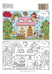 Colouring to customise Heart Cat Cute Unicorn House Dogs And Cats Dragons, Unicorns, And Fantastical Creatures Colouring With Template
