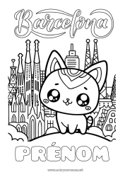 Coloriage à personnaliser Chat Kawaii Espagne Chiens et chats Paysage de ville Barcelone