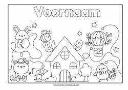 Gratis tekening Kawaii Kuiken Konijn Pasen Huis Boerderijdieren Bosdieren