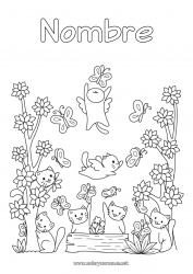 Colorear gratis Flores Cat Kawaii Primavera Animales Perros y gatos