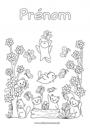 Coloriage gratuit Fleurs Chat Kawaii Printemps Animal Chiens et chats