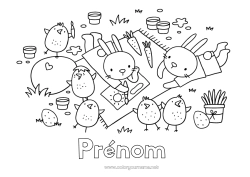 Coloriage gratuit Printemps Poussin Lapin Oeufs de Pâques Pâques Animaux de la ferme Animaux de la forêt Pique-nique Œufs peints de Pâques