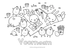 Gratis tekening Lente Kuiken Konijn Paaseieren Pasen Boerderijdieren Bosdieren Picknick Beschilderde paaseieren