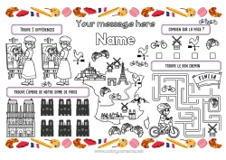 Colouring to customise Children's Activities France Country Paris Printable Placemat