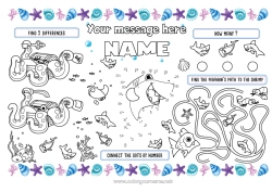 Free drawing Sea Children's activities Animal Fish Sea Shell Shark Marine or aquatic animals Octopus Printable Placemat Shrimp