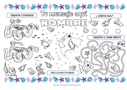 Colorear para personalizar Mar Actividades para niños Animales Pescado Conchas marinas Tiburón Animales marinos o acuáticos Pulpo Mantel individual para imprimir Gamba