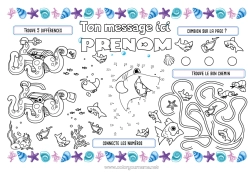 Coloriage à personnaliser Mer Activités enfants Poisson Coquillages Requin Animaux marins ou aquatique Pieuvre, poulpe Set de table à imprimer