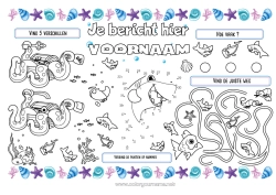 Gratis tekening Zee Activiteiten voor Kinderen Vis Schelpen Haai Zeedieren Octopus, inktvis Printbare placemat