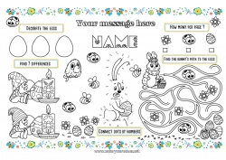 Coloring to customize Bunny Children's activities Bee Easter eggs Easter Insects Forest animals Printable Placemat