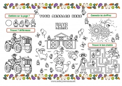 Coloring to customize Hen Pig Children's activities Animal Goat Tractor Farm vehicles Farm animals Farmer Farm Professions Printable Placemat