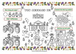 Coloriage à personnaliser Poule Cochon Activités enfants Animal Chèvre Tracteur Véhicules de la ferme Animaux de la ferme Fermier Métiers de la ferme Set de table à imprimer