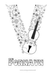 Fargeleggingssiden å tilpasse Zentangle Musikkinstrumenter Fiolin Bokstav i alfabetet