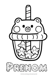 Coloriage gratuit Kawaii Ourson Étoiles Boisson Animaux de la forêt Bubble tea