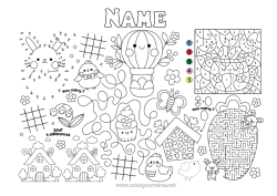 Free drawing Spring Coloring by numbers Children's activities Connect the dots Easter eggs Easter I spy Labyrinth Printable Placemat